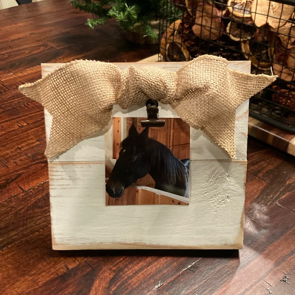 White distressed wooden photo frame, approx 7”x7”.